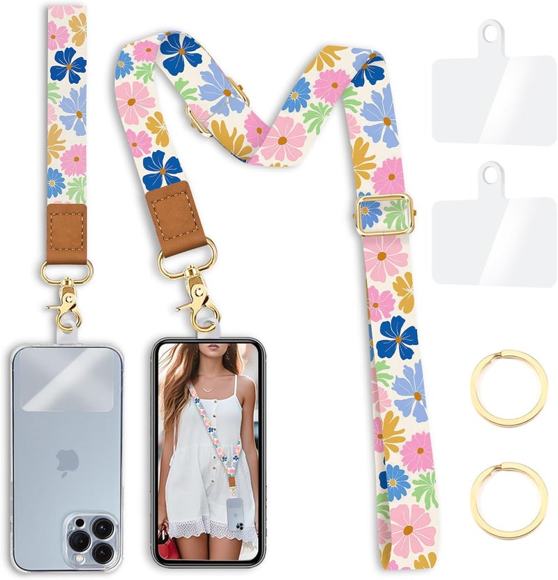 Yonlevres Floral Phone Lanyard Crossbody Strap, Flower Cell Phone Lanyards for around the Neck Cross Body, Wristlet Wrist Strap Adjustable for Women Keys Case Accessories Beach Travel Essentials - Image 1